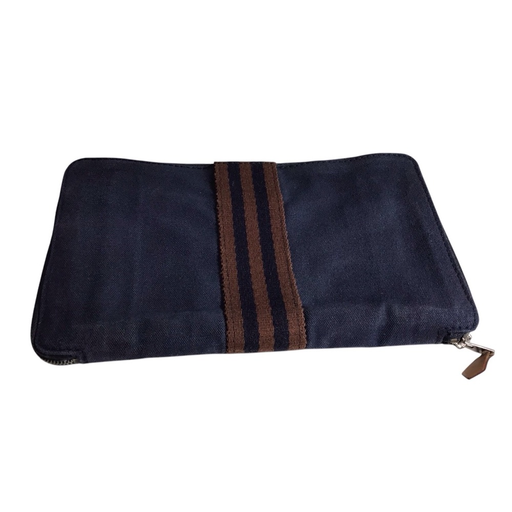 Authentic HERMES Fourre Tout Herline Navy Stripe Zip Long Wallet